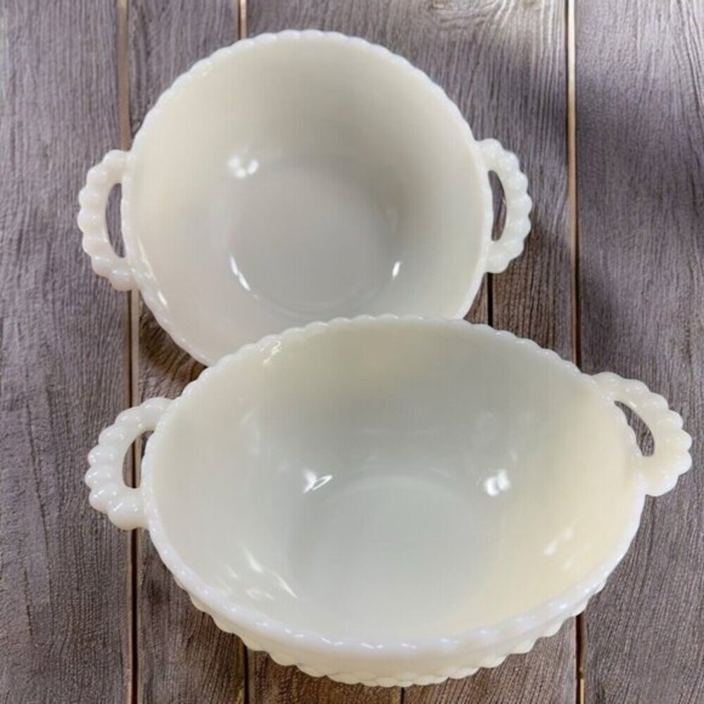 Anchor Hocking French Ivory Hobnail Bowl Dish With Handles Glass Set 2 Vintage
